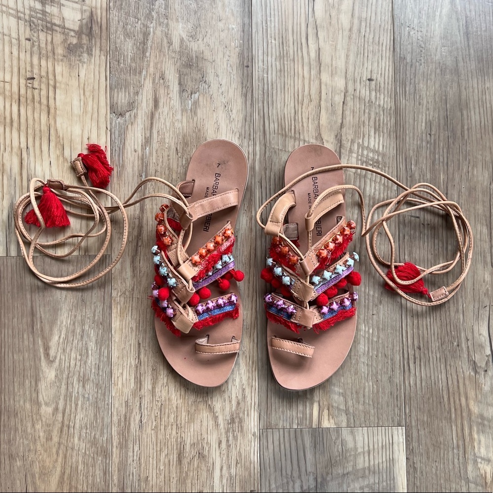 Barbara Barbieri Genuine Leather Lace Up Embellished and Pom Pom Sandals Sz 7